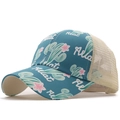 Detail of baseball cap with cactus floral print and breathable mesh back in teal and beige - Adjustable / Cactus Adat Print Style (14)