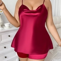 Plus size dark red satin loungewear set with cowl neck camisole and matching shorts - 1XL / Red