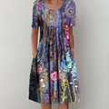Detail view of colorful floral print dress featuring a round neck and side pockets - Blue