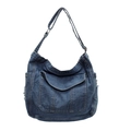 Large dark blue denim crossbody bag with fringe details and adjustable shoulder strap - Light Blue