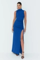 Abito lungo blu reale senza maniche a collo alto con arricciature e spacco laterale - XS / Blu