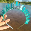 Close-up of blue natural crystal crown with silver crescent moon detail and metal wire - AB Green