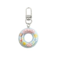 Macro shot of light blue mini lifebuoy keychain with peach print and metal hook - Light Blue