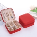 Portable red PU leather square jewelry travel organizer box with necklace hooks and ring slots - Red