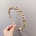 Elegant champagne satin headband with pearl chains and rhinestone bow decoration - 220405 Rhinestone Khaki