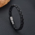 Pulsera de hombre en cuero trenzado negro y acero inoxidable con cierre magnético elegante - 21cm / Negro