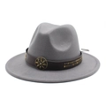 Detail of grey wool fedora hat with brown leather band and floral metal buckle - Light Gray
