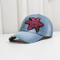 Denim baseball cap in light blue featuring a sequin flower patch on a white background - M (56-58cm) / Light Blue Floral Style (1号款)