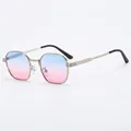 Fashionable small metal frame sunglasses with blue-pink gradient polygonal lenses - Silver Frame Blue Pink Lens