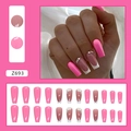 Long pink press-on nails set featuring rhinestone French tips and solid glossy finish - Barbie Pink Rhinestone Glue Style (Z693)
