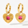 Golden heart hoop earrings with textured finish and pink obsidian stone inlay - Vacuum Plated 14K Gold Pink (KDE819)