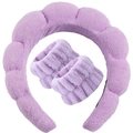 Purple sponge headband and wristband set for face washing with soft twisted fabric texture - Purple 3-Piece Set (Terry Cloth)