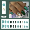 Medium-long square press-on nails in sparkling emerald green and diamond accents - Z620 Emerald Green Rhinestone Style