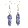 Detail of blue hexagonal natural stone earrings with gold wire wrap and hook ear wires - Wire Wrapped Hexagonal Prism Earrings / Gold Blue Dot Stone Earrings
