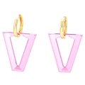 Modern gold hoop earrings featuring translucent pink V-shaped pendants on white background - Pink