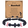 Baseball beaded bracelet with black matte stones and cross pendant on gift card - White Baseball With Red Stitch Style