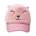 Pink plush cat baseball cap for girls with glitter ears and sequined brim on white background - Cartoon Cat Style / Pink
