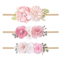 Detailansicht von drei Blumen-Baby-Stirnbändern mit Perlen, Strass und Nylonbändern - Strass Perle Blumen Mix Set / FDZG-5