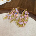 Colorful floral fringe earrings with sequins and beads on a rustic wooden tray - Style 18 / Green/Pink
