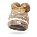 Bonnet en tricot kaki pour bébé avec pompons en fourrure marron et nœud en velours jaune - Taille Unique (3M-5Y) / Kaki