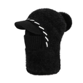 Winter black fleece-lined knit balaclava with visor and large fur pompom for women - Black