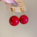 Chic vibrant red spherical stud earrings with elegant gold metallic hook fasteners - 85# Silver Earring Post - Gold - Red - Real Gold Plating