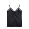 Elegantes schwarzes Satin-Top mit Spitzenbesatz, dünnen Trägern und seidig glatter Optik - XS / Schwarz