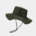 Detail of dark green wide brim sun hat with ventilation eyelets and adjustable chin cord - One Size / Army Green