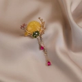 Vintage alloy brooch with amber resin bead, green enamel leaves, and golden tassels - 565# Moonlight Over The Lotus Pond