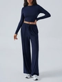 Completo donna Y2K blu scuro con crop top a maniche lunghe e pantaloni larghi con coulisse - S / Blu Notte