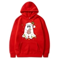 Red Christmas hoodie with ghost and holiday print on a clean white background - Red