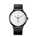 Minimalist TOMI quartz watch with white dial, black leather strap and date display - Black Case White Dial Black Band