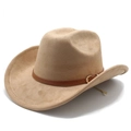 Chapeau de cow-boy classique en daim beige avec lanière en cuir brun et boucle dorée - M (56-59cm) / Khaki Clair (Suède)