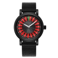 Detailed macro view of the black leather strap and unique roulette dial design quartz watch - QT918 Black Strap Black Case Black Face