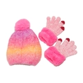 Set invernale per bambini con cappello e guanti sfumati rosa e pompon in ecopelliccia - Rosa Rosso