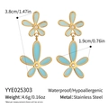 Detail of light blue enamel flower earrings in 18K gold plated stainless steel - Light Blue Flower Stainless Steel Earrings (YYE025303)