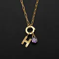 14K gold plated stainless steel necklace featuring a purple gem and letter H pendant - Letter H Style (Steel) / Silver