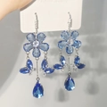 Blue butterfly and flower drop earrings with waterdrop crystal tassels and silver hooks - Hook Style / Blue