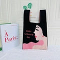 Black knit tote bag with pink woman outline and Happy Woman's Day text design - Black Profile Of A Beautiful Woman