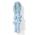 Close-up of light blue heatless hair curler set with satin scrunchies and plastic hair claw - Rubber Stick Blue (1 Curler + 2 Scrunchies + 1 Clip)