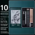 10-piece professional sketch pencil set with green metal storage tin for artists - Model SM-081 / 10-Piece Set