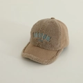 Detailed view of BOSTON 1630 embroidery on khaki lamb velvet and corduroy baseball cap - 52-54cm 3-8 Years / Coffee