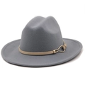 Detail of grey-blue wool fedora featuring flat brim and khaki leather strap with gold buckle - M(56-58cm) / Light Gray