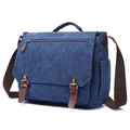 Navy blue canvas messenger bag with brown leather straps and vintage metal buckles - Blue