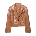 Women's brown PU leather short blazer jacket with lapels and single button closure - S / Caramel color