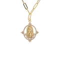 Collier chaîne trombone dorée avec pendentif religieux ovale serti de zircons sur fond blanc - 0259 Chaîne Trombone Fine / Doré