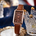 Detail view of vintage square watch with rose gold case and brown leather strap - Brown Strap Brown Dial Style (PS2512-044-02)