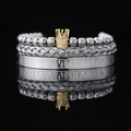 Men's 3-piece silver stainless steel bracelet set with crown charm and Roman numerals - Steel Color Gold Crown with White Zircon