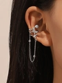 Silver butterfly ear cuff with long tassel chain and pearl accent on the ear - Silver Butterfly Pearl Tassel Ear Cuff (8219)