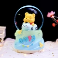 Rotating Winnie the Pooh musical snow globe with blue gradient base and Happy lettering - 2478 Bus / Large 100mm Inner Rotation + Snow